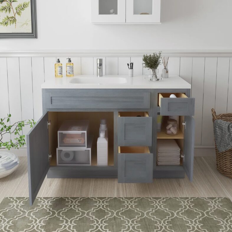 Neutral Grey Wood Shaker Vanity Base with Multi-Zone Storage for Bath Remodel