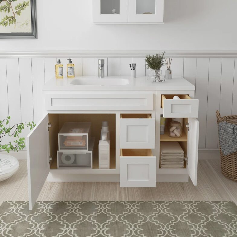 2 Classic Bright White Shaker Vanity Base Cabinet with Divided Storage for Bath Renovation