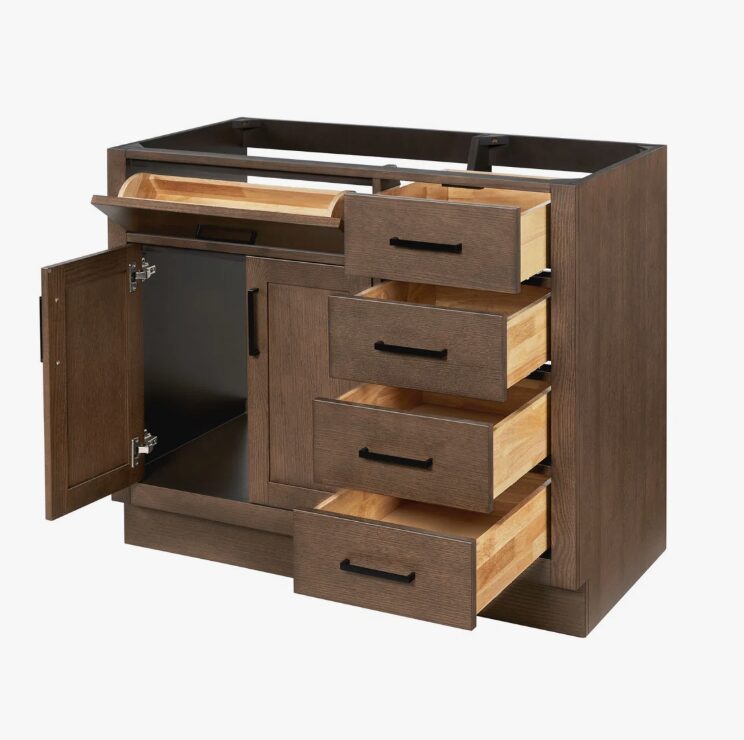 Rustic Walnut Vanity Base with Dovetail Drawers for Farmhouse & Industrial Bathroom Remodel
