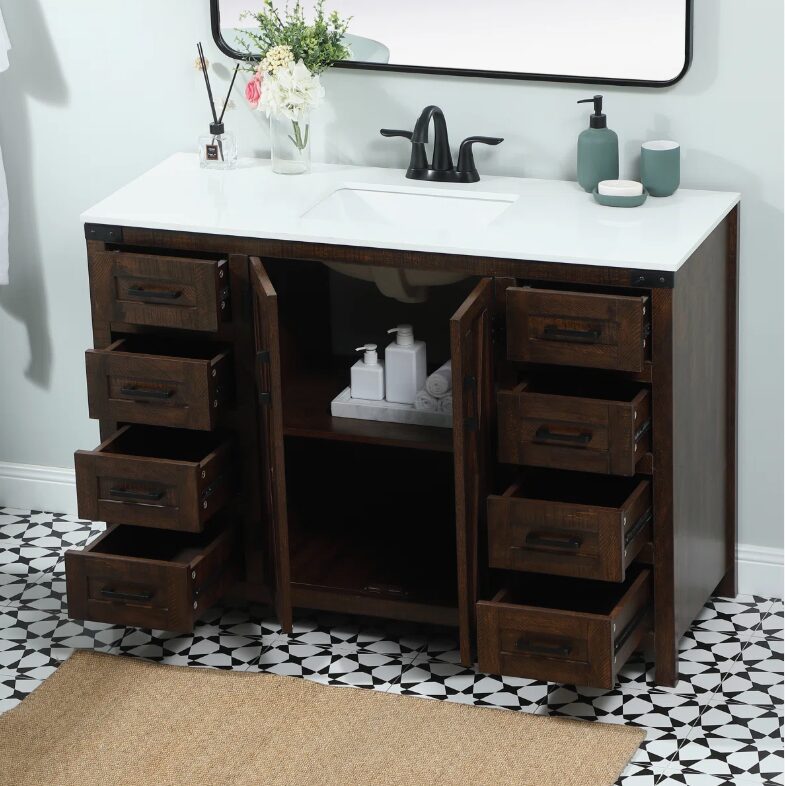 Industrial Rustic Dark Oak Bathroom Vanity with Abundant Drawer Storage for Modern Farmhouse Bath