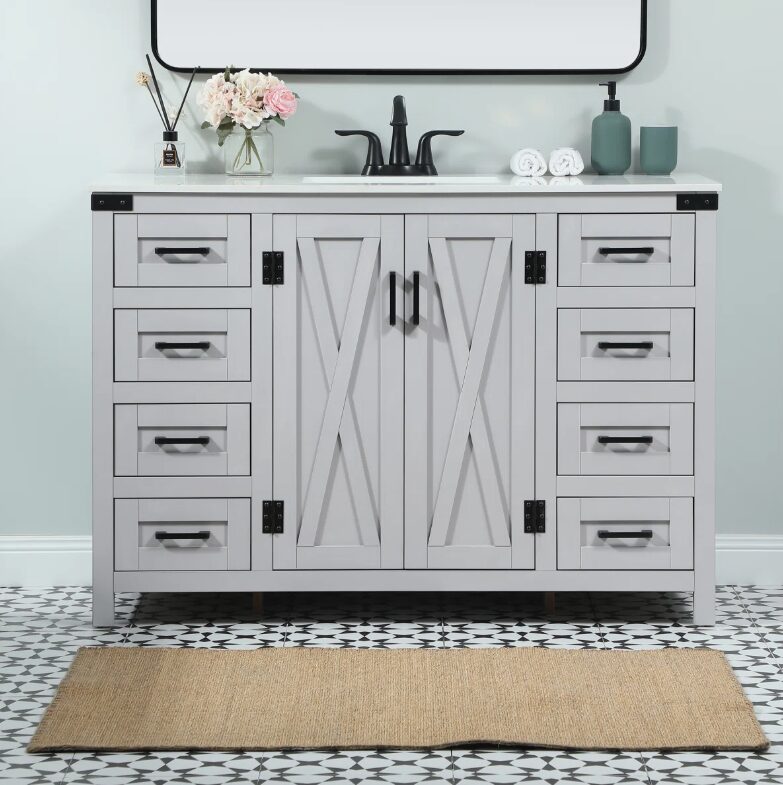 2 Modern Farmhouse Grey Single Vanity with Massive Drawer Storage for Guest & Main Bath