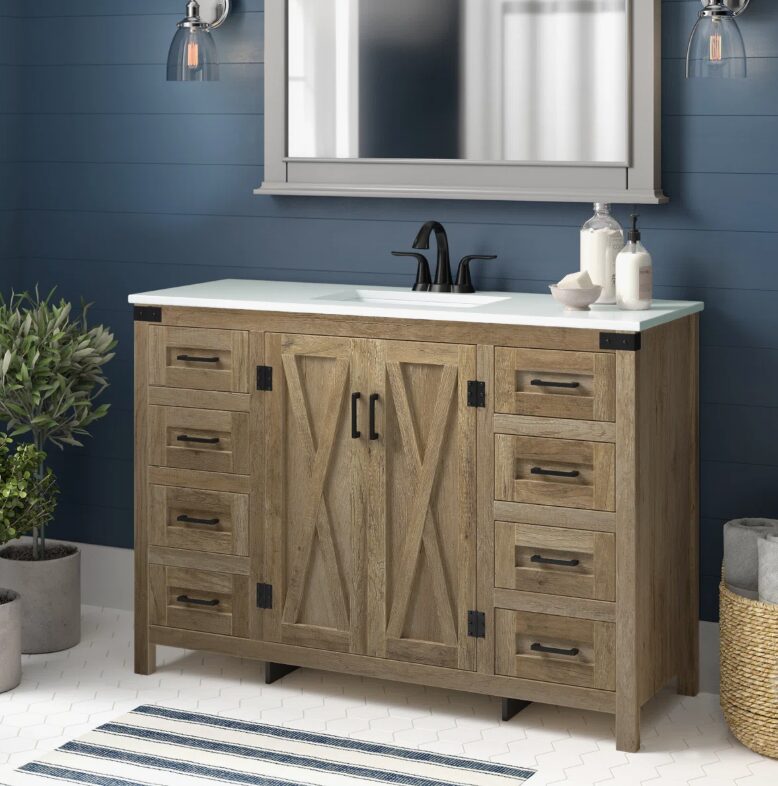 2 Rustic Barn Door Bathroom Vanity Cabinet with Drawer Storage & Quartz Top