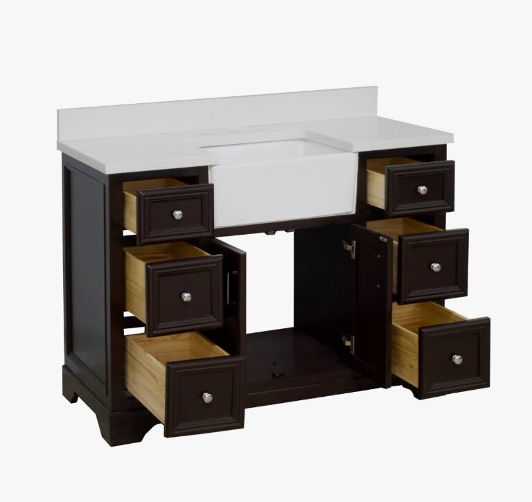 Traditional Dark Brown Apron Front Vanity with Massive Storage for Farmhouse Bathroom Renovation