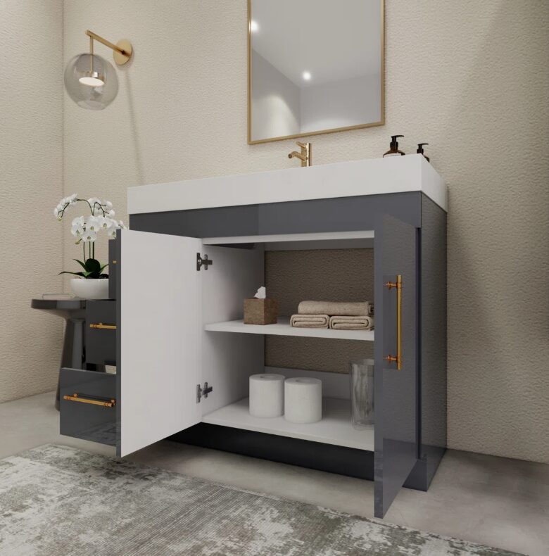 2 Luxury Dark Grey Gloss Vanity Cabinet with Soft-Close Storage for Modern Bathroom Renovation