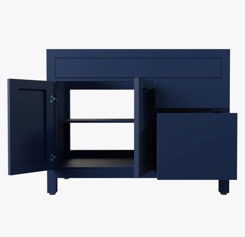2 Classic Navy Shaker Vanity Base with Dovetail Drawers for Farmhouse & Transitional Bath Remodel