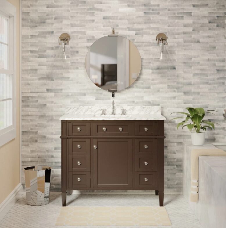 Classic Espresso Wooden Vanity Cabinet with Carrara Marble Top for Farmhouse & Transitional Bath Renovation