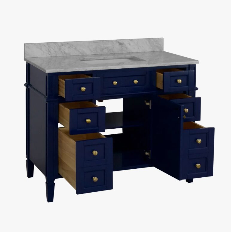 2 Modern Navy Wooden Vanity Cabinet with Carrara Marble Top for Transitional & Farmhouse Bath Remodel