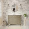 Neutral Grey Wooden Vanity Cabinet with Carrara Marble Top for Transitional & Farmhouse Bath Remodel
