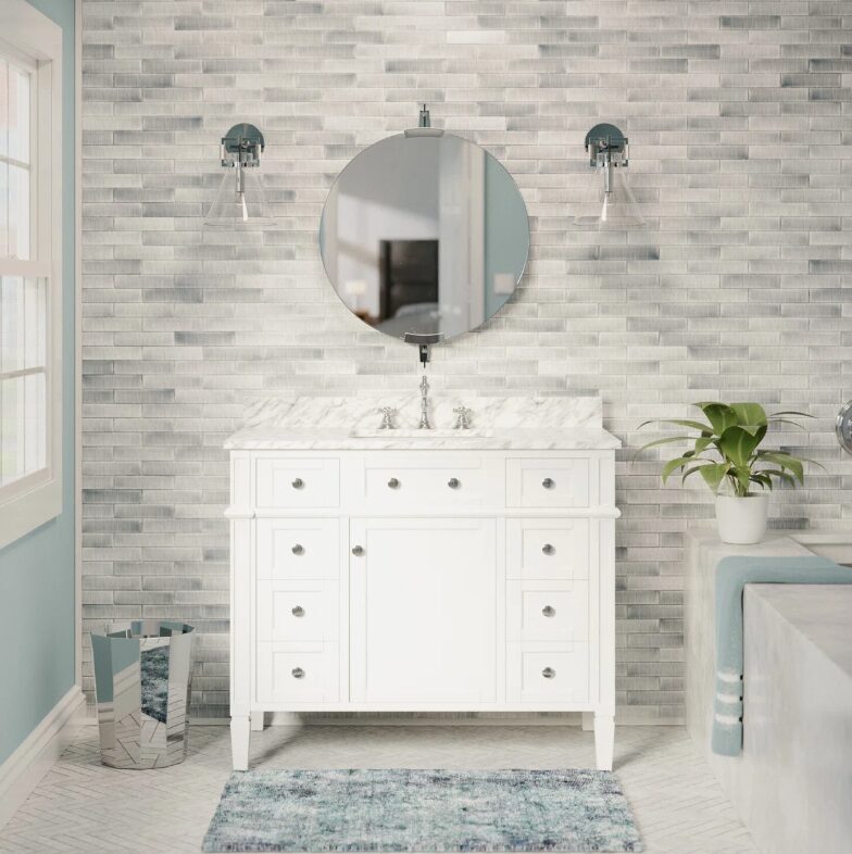 2 Classic White Wooden Vanity Cabinet with Carrara Marble Top for Farmhouse & Transitional Bath Remodel