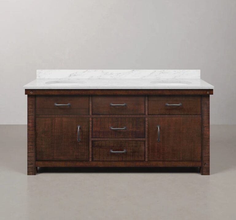 72 Inch Rustic Distressed Wood Double Sink Bathroom Vanity with Carrara Marble Countertop & Matte Iron Pulls