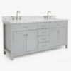 72 Inch Light Gray Shaker Double Sink Bathroom Vanity, Carrara White Marble Countertop & Brushed Nickel Hardware