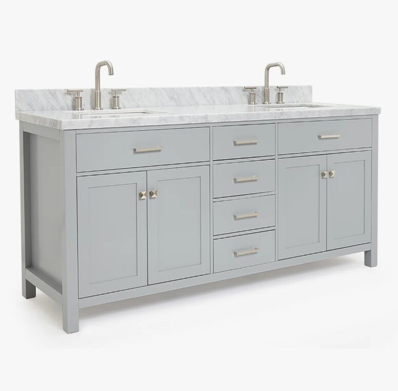 72 Inch Light Gray Shaker Double Sink Bathroom Vanity, Carrara White Marble Countertop & Brushed Nickel Hardware