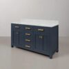 3 60 Inch Navy Blue Shaker Double Sink Bathroom Vanity, Carrara White Marble Top & Brushed Gold Hardware