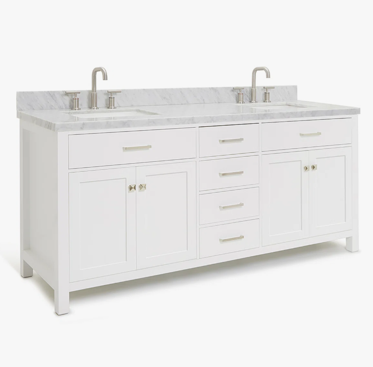 72 Inch Pure White Shaker Double Sink Bathroom Vanity with Carrara White Marble Top & Brushed Nickel Pulls