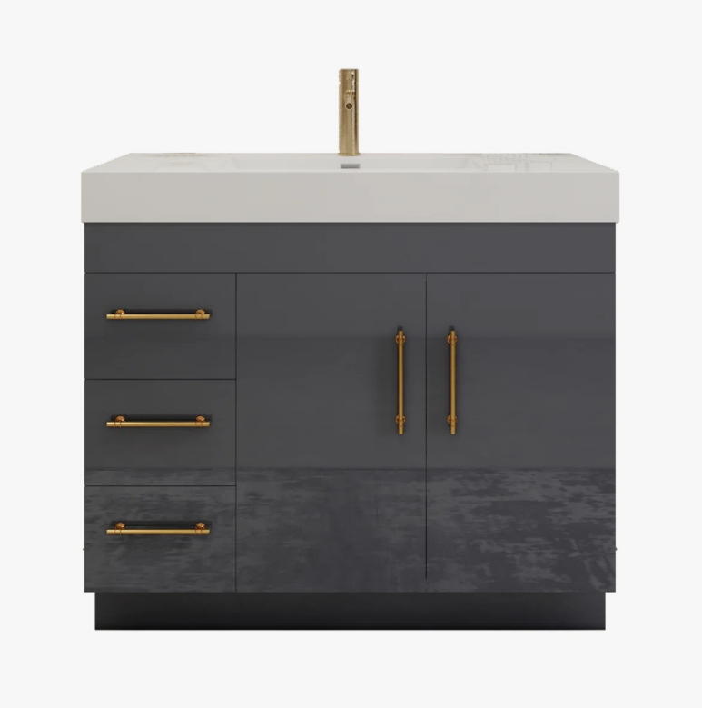 Luxury Dark Grey Gloss Vanity Cabinet with Soft-Close Storage for Modern Bathroom Renovation