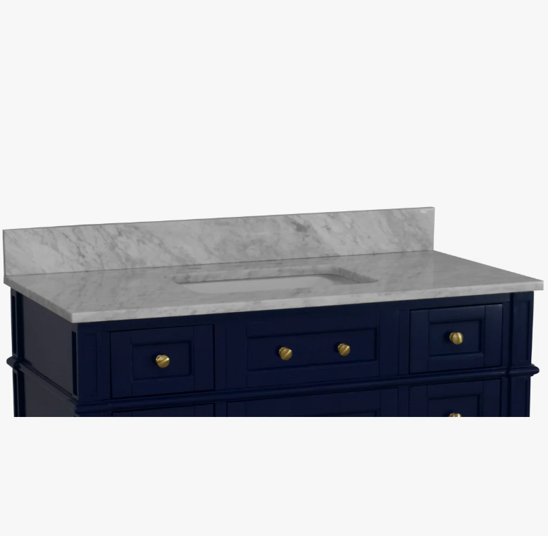 3 Modern Navy Wooden Vanity Cabinet with Carrara Marble Top for Transitional & Farmhouse Bath Remodel