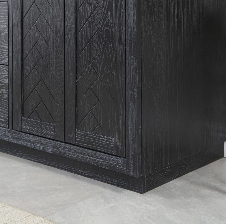 60 Inch Black Herringbone Wood Double Sink Bathroom Vanity, White Engineered Stone Top & Brushed Gold Bar Pulls