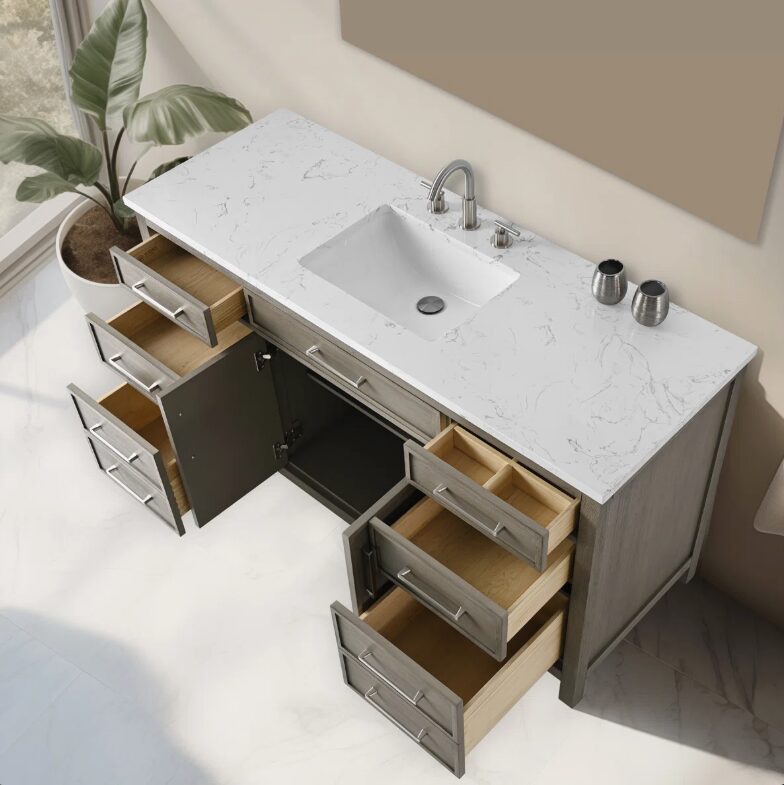 60 Inch Weathered Grey Single Sink Bathroom Vanity, White Marble Countertop & Brushed Nickel Hardware