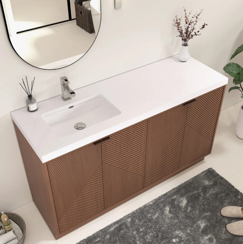 60 Inch Walnut Geometric Fluted Single Sink Floating Bathroom Vanity with Solid White Quartz Top