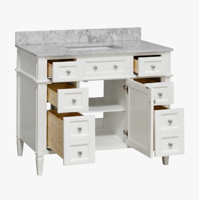 3 Classic White Wooden Vanity Cabinet with Carrara Marble Top for Farmhouse & Transitional Bath Remodel
