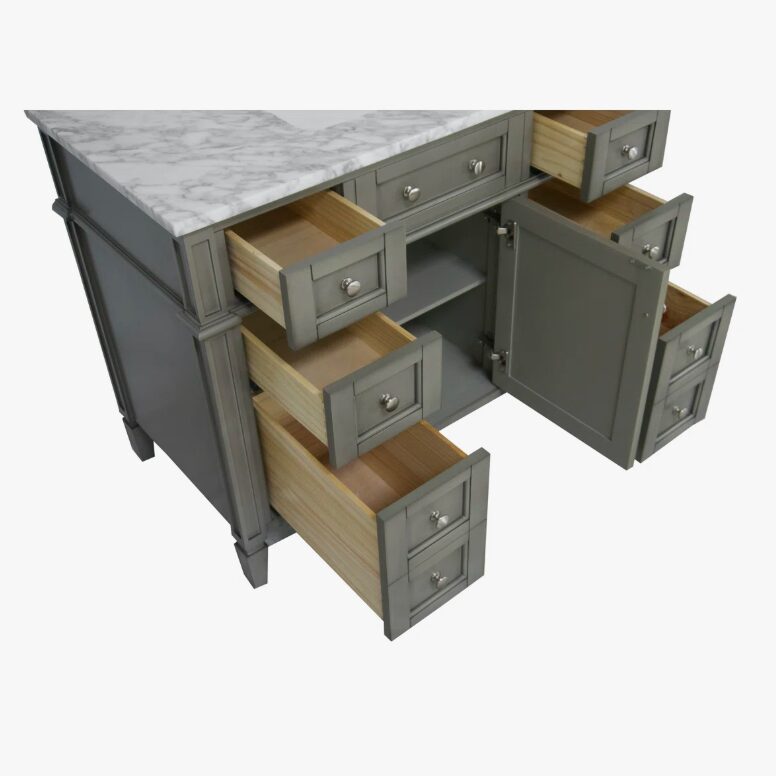 Neutral Grey Wooden Vanity Cabinet with Carrara Marble Top for Transitional & Farmhouse Bath Remodel