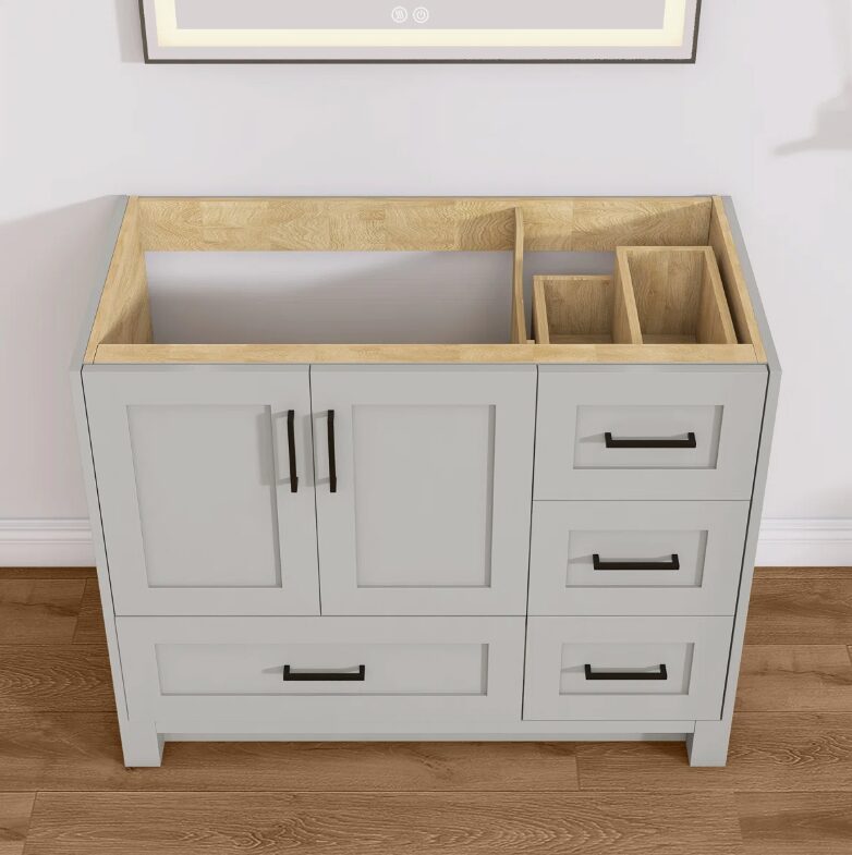3 Neutral Light Grey Shaker Vanity Cabinet Base with Soft Close Storage for Modern & Farmhouse Bath Remodel