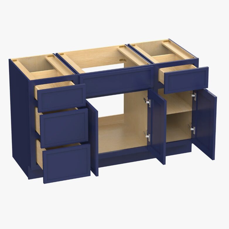 Spacious Navy Double Sink Vanity Base Cabinet with Full Soft-Close Storage for Master Bath Remodel