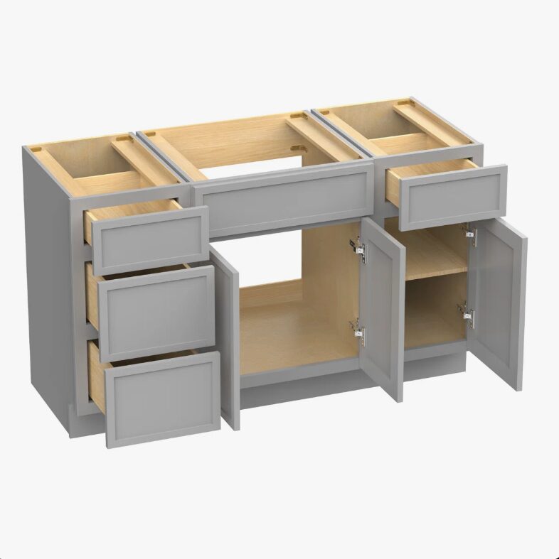Neutral Light Gray Double Sink Vanity Base Cabinet with Full Soft-Close Storage for Master Bath Remodel