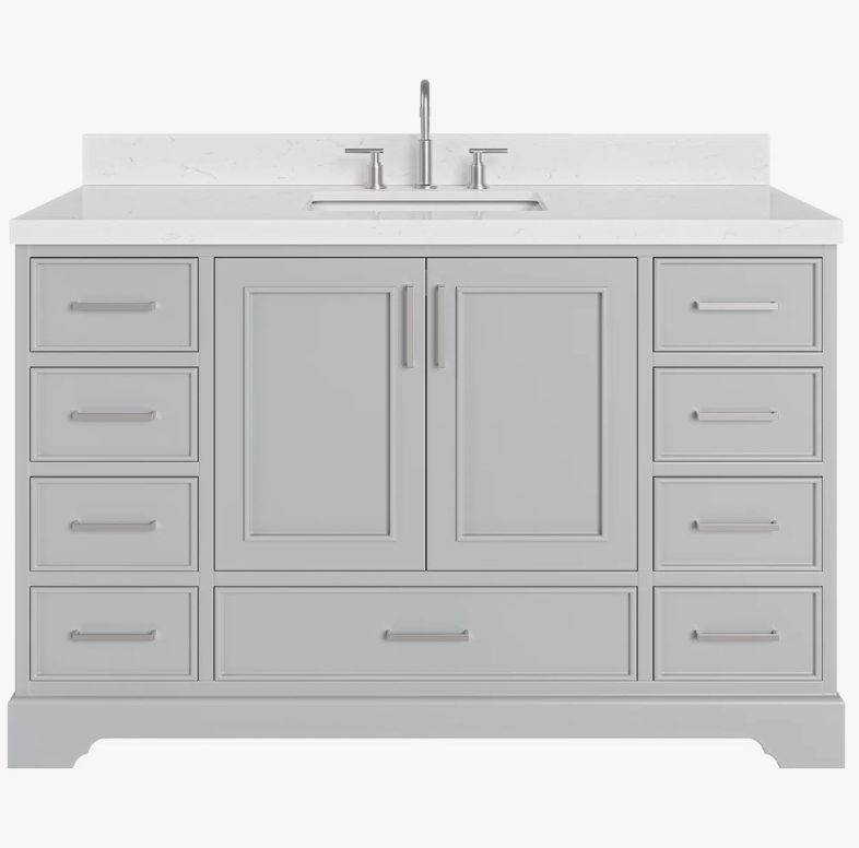 Spacious Light Gray Bathroom Vanity with Brushed Nickel Hardware & Massive Soft-Close Storage