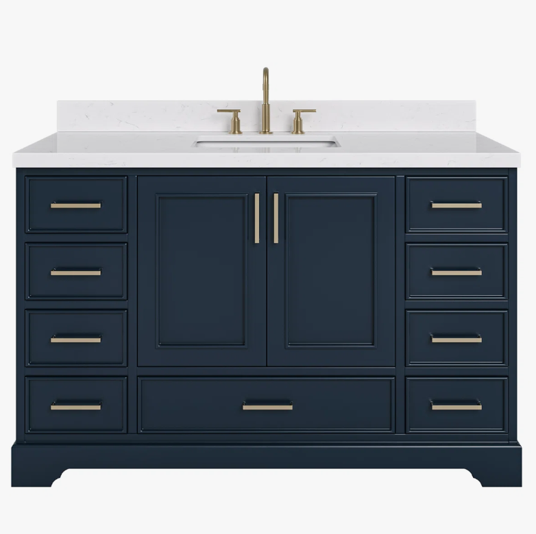Luxury Navy Bathroom Vanity with Brushed Gold Pulls & Ample Soft-Close Storage
