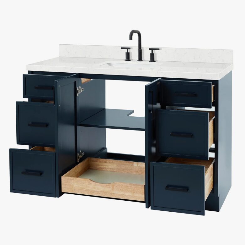 Modern Navy Bathroom Vanity Cabinet with Black Pulls & Spacious Soft-Close Storage