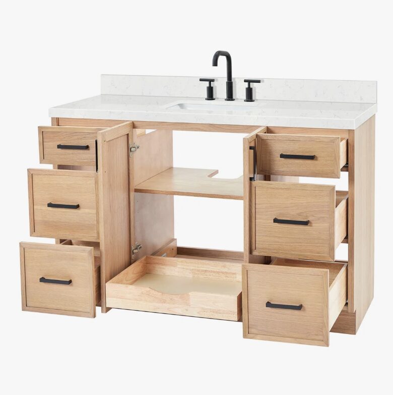 Natural Oak Bathroom Vanity Cabinet with Black Pulls & Large Soft-Close Storage