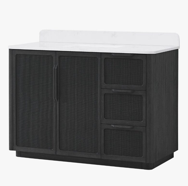 48" Black Rattan Complete Bathroom Vanity Set with Quartz Countertop