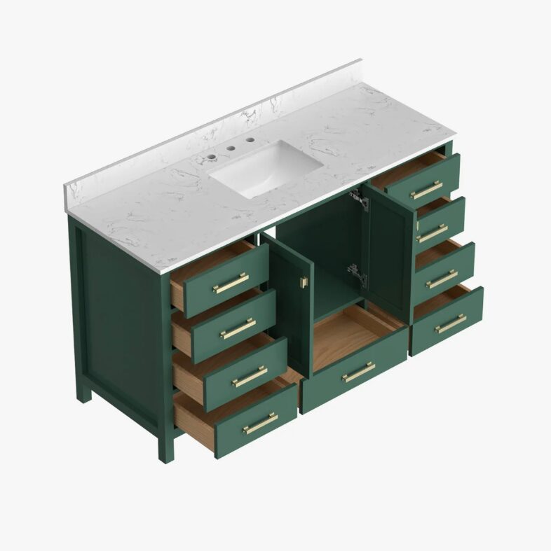 Luxury Dark Green Bathroom Vanity with Gold Pulls & Massive Soft-Close Storage