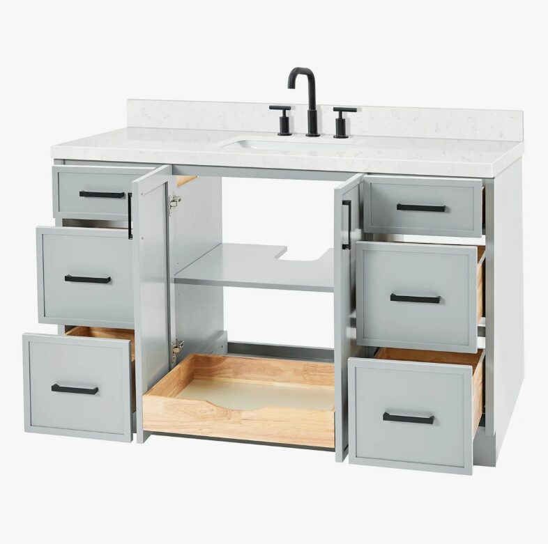3 Modern Light Gray Bathroom Vanity with Black Pulls & Multi Compartment Soft-Close Storage