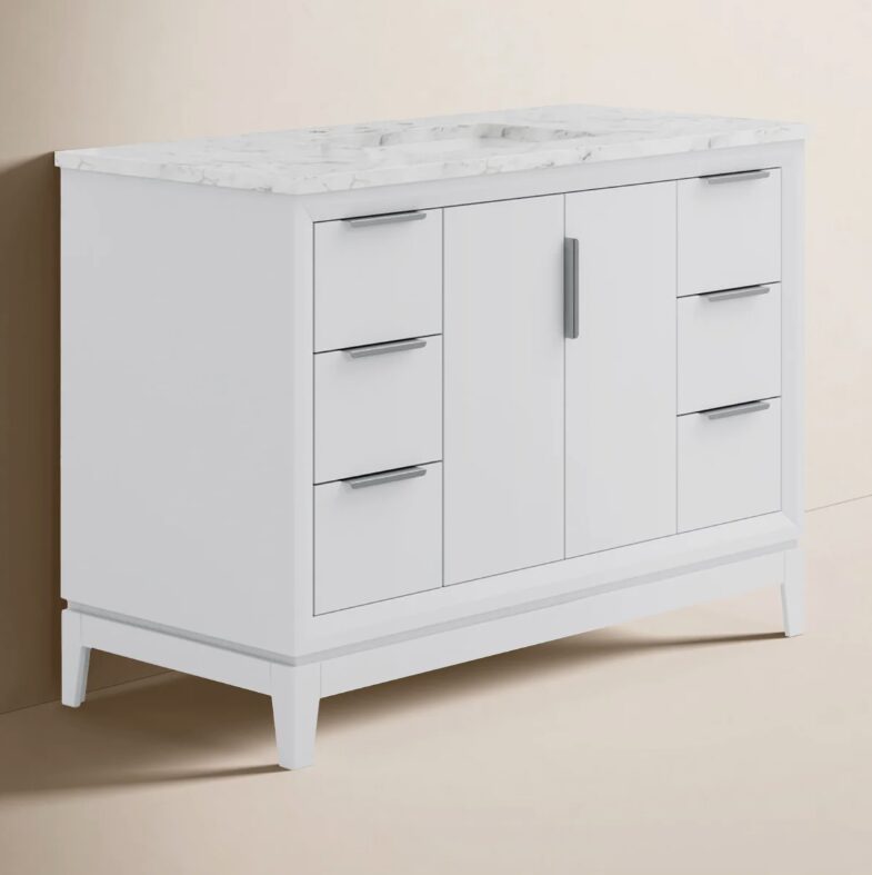3 Minimalist White Bathroom Vanity with Silver Hardware, Spacious Soft-Close Storage & Marble Top