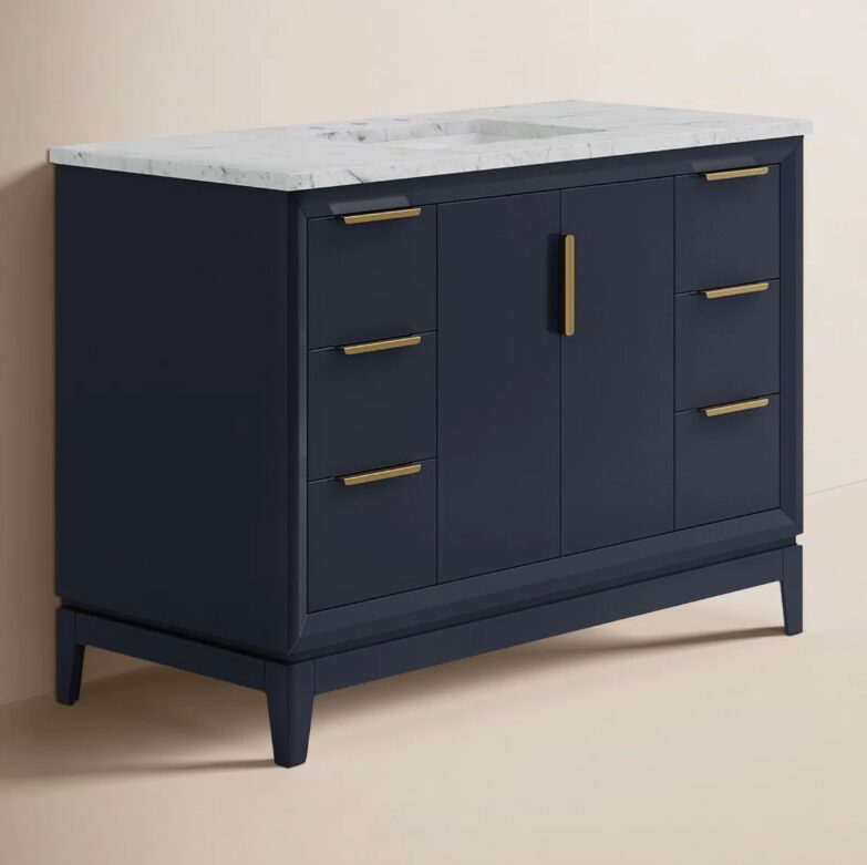 3 Elegant Navy Bathroom Vanity with Gold Hardware, Large Soft-Close Storage & Marble Top