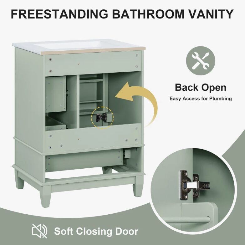 3 Large Organized Storage Sage Green Bathroom Vanity with Soft-Close Drawers & Door Rack