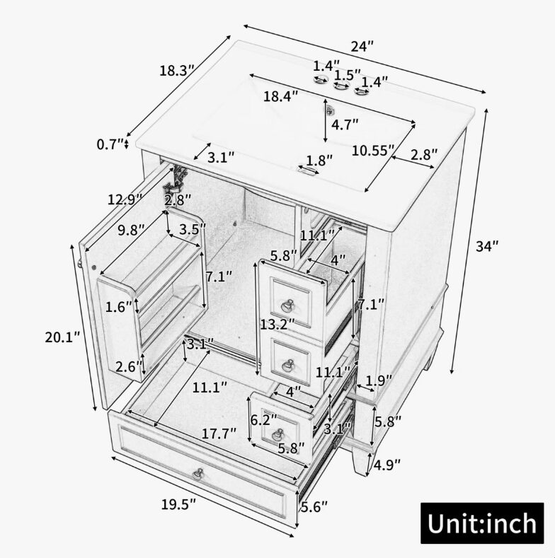 3 Organized Storage White Bathroom Vanity with Soft-Close Drawers & Door Storage Rack