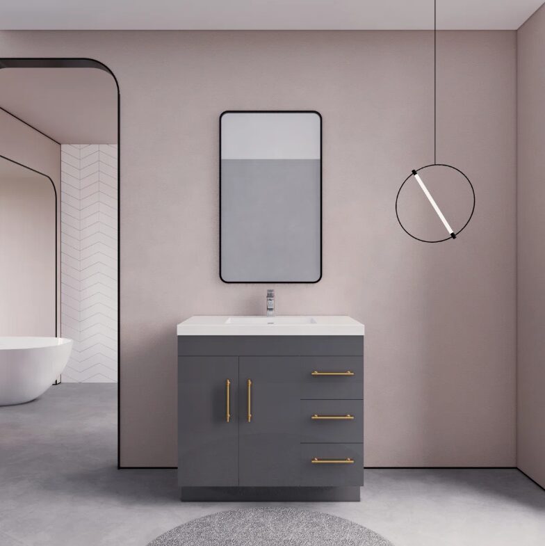3 36" Modern Gloss Grey Bathroom Vanity Cabinet with Multi Storage & Gold Bar Hardware
