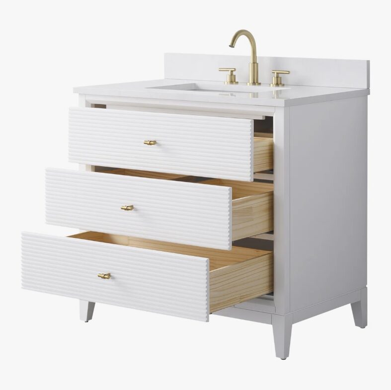 3 Large Storage Fluted White Bathroom Vanity with Full Soft-Close Solid Wood Drawers