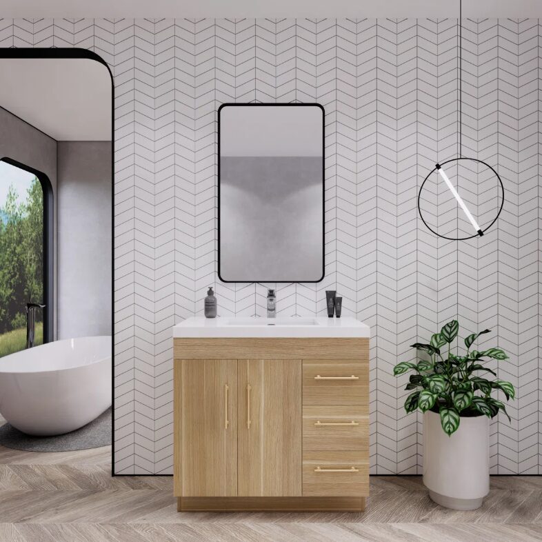 Dual-Zone Storage Oak Bathroom Vanity with Full Soft-Close Drawers & Cabinet Doors