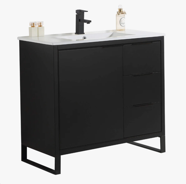 Industrial Style Black Bathroom Vanity with Split Storage Zones & Full Soft-Close Hardware