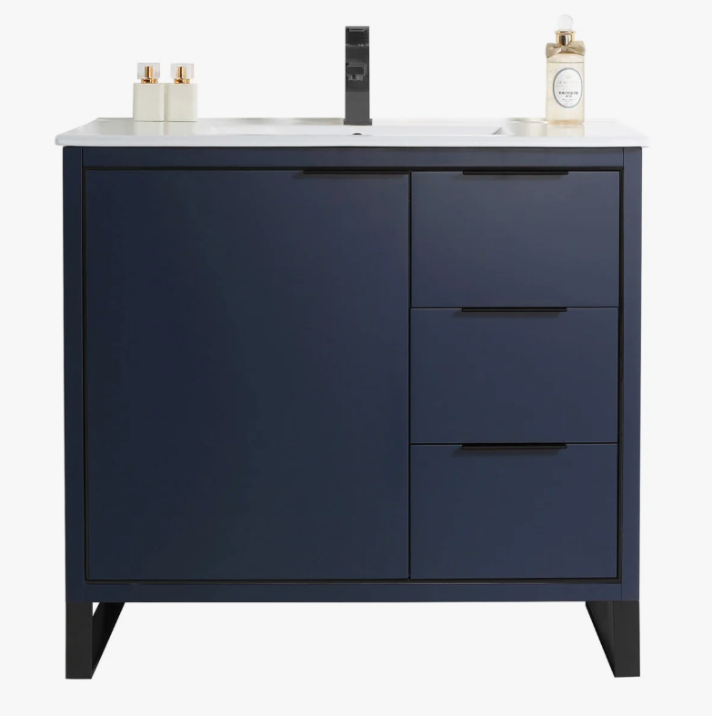 Minimalist Navy Bathroom Vanity with Full Soft-Close Hardware & Adjustable Interior Shelf
