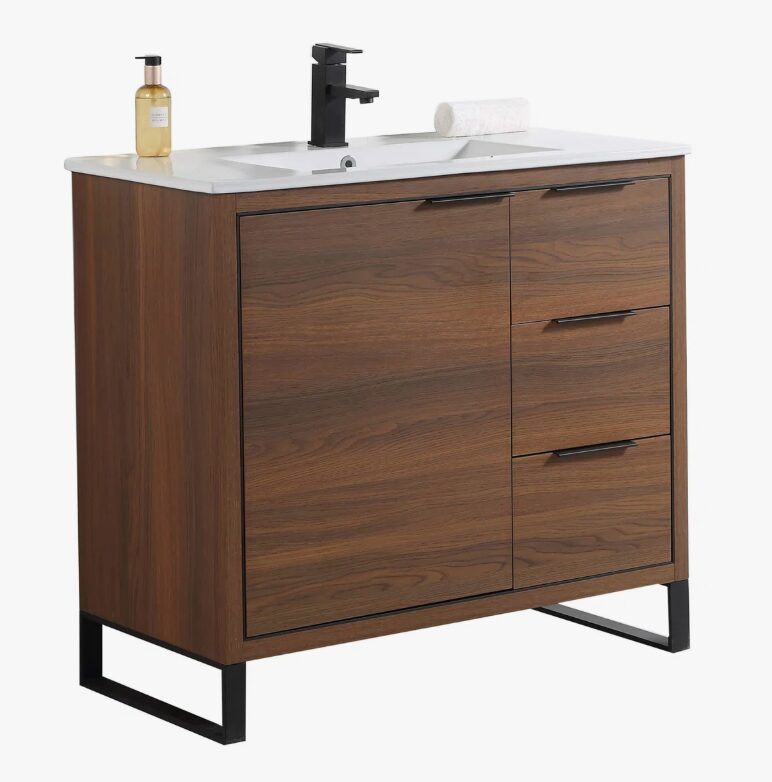 3 Mid-Century Walnut Bathroom Vanity with Full Soft-Close Hardware & Adjustable Inner Shelf