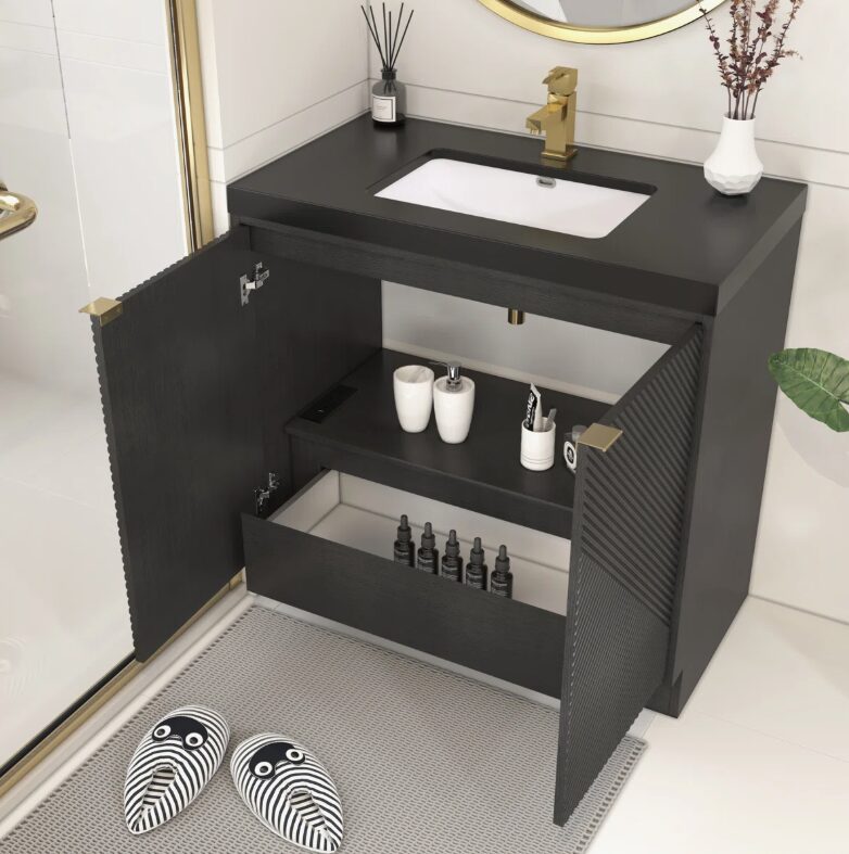 Contemporary Ribbed Black Bathroom Vanity with Full Soft-Close Mechanism & Adjustable Shelf