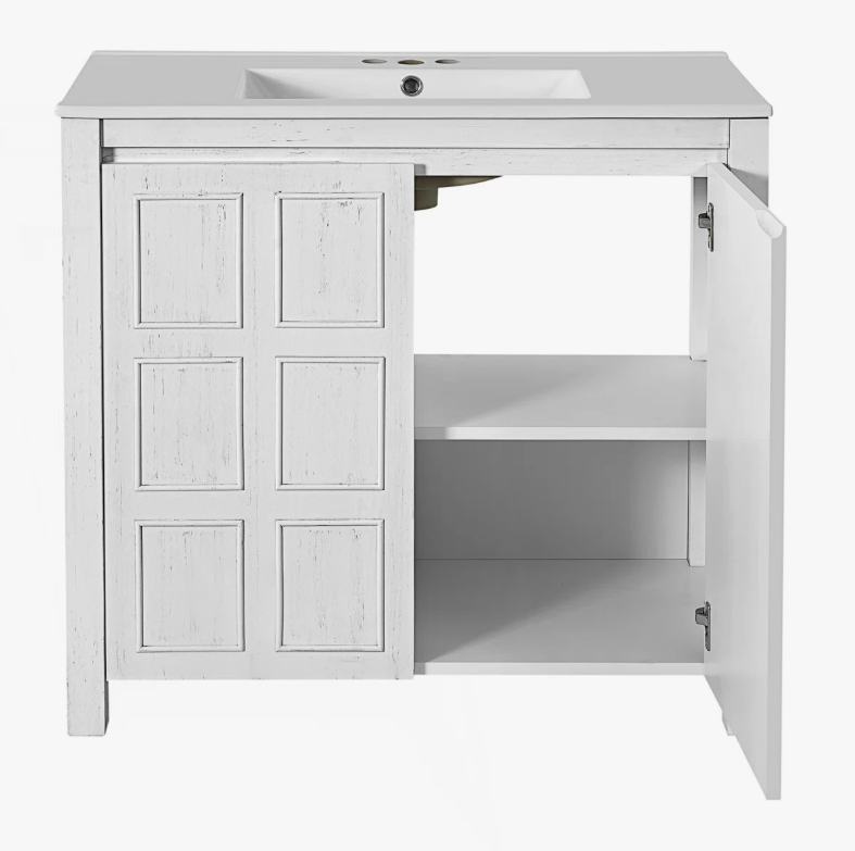 3 36" Rustic White Shaker Bathroom Vanity Cabinet with Vintage Distressed Wood Finish
