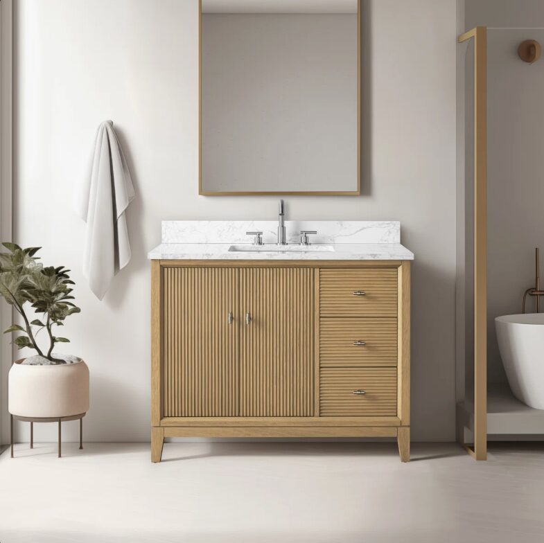 Contemporary Ribbed Wood Bathroom Vanity with Split Storage Layout & Full Soft-Close Hardware