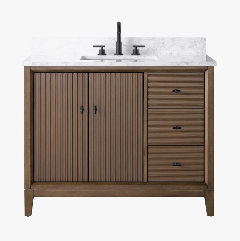 Contemporary Reeded Wood Bathroom Vanity with Split Storage & Full Anti-Slam Soft-Close Hardware