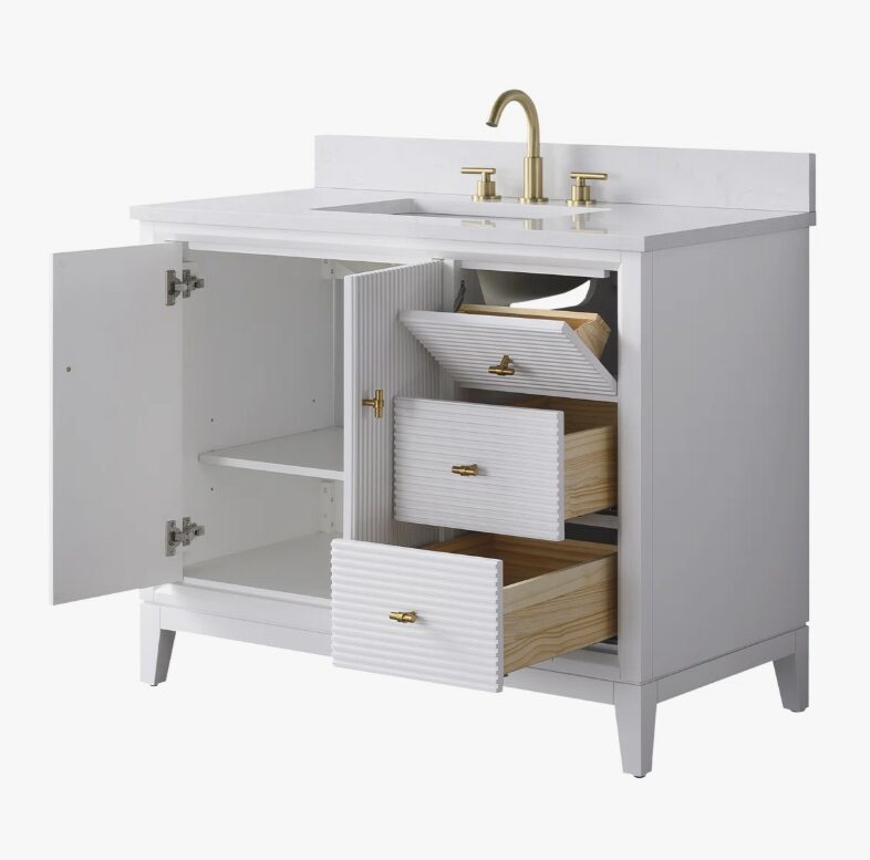 Contemporary Reeded Wood Bathroom Vanity with Split Storage Layout & Full Anti-Slam Soft-Close Hardware